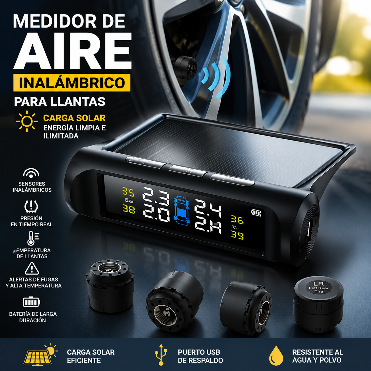 Medidor de Presión de Llantas Inalámbrico Solar TPMS | Sensor Externo para 4 Neumáticos con Pantalla a Color